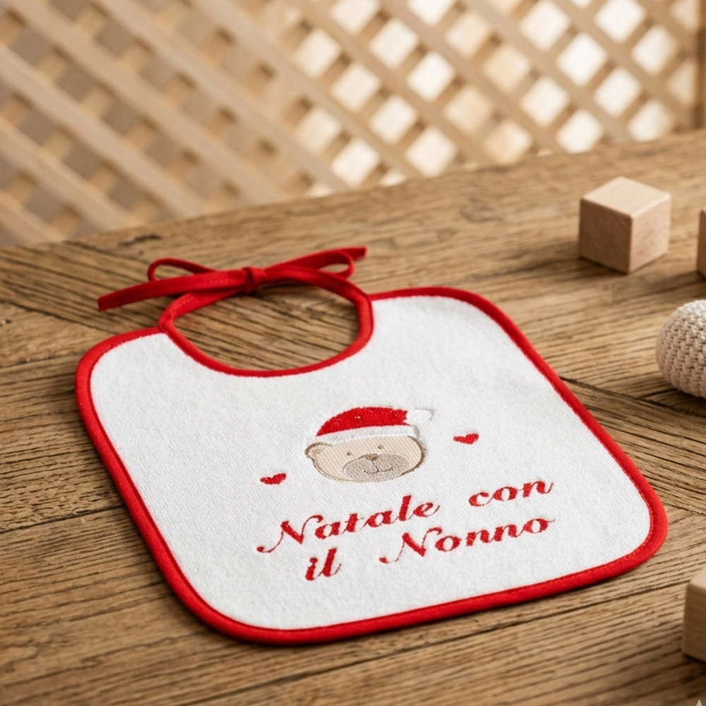 Premium white cotton terry bib with red piping for B2B holiday merchandise wholesale