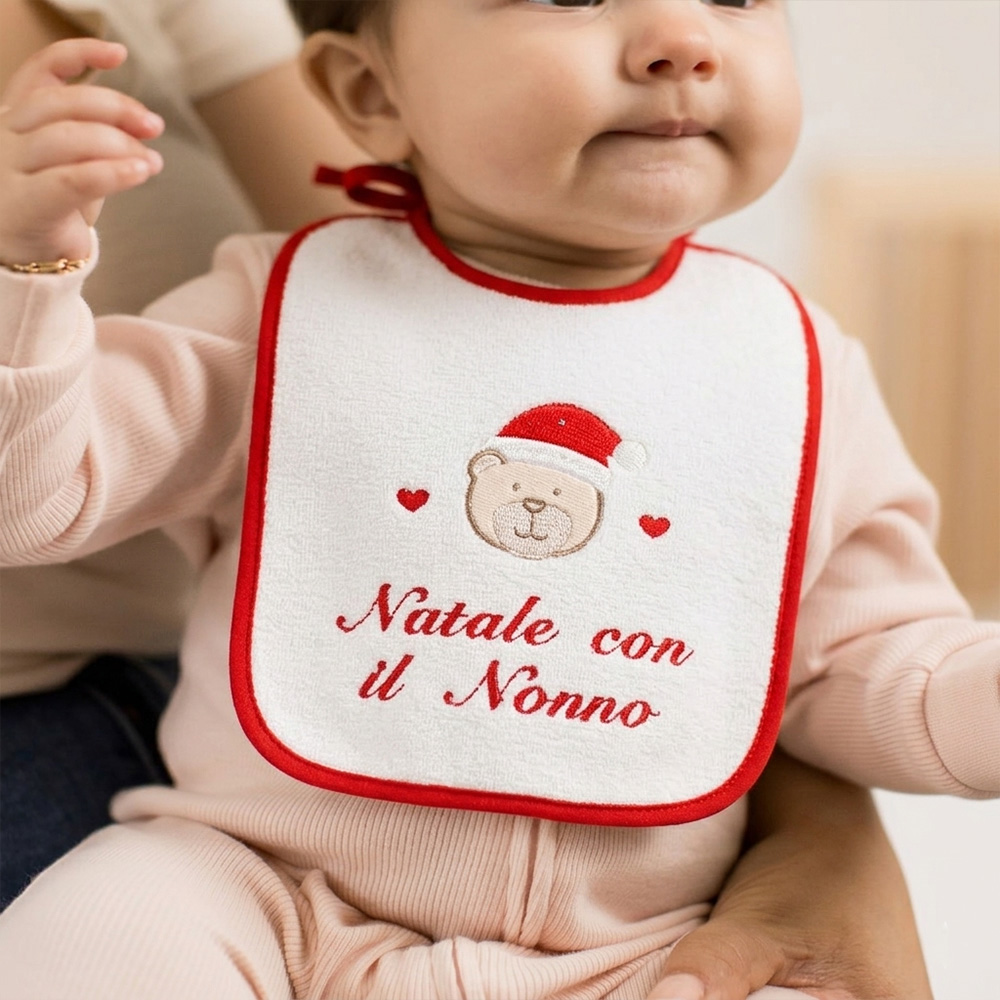 Festive Christmas embroidered baby bib for seasonal OEM gift orders by baby textile manufacturer