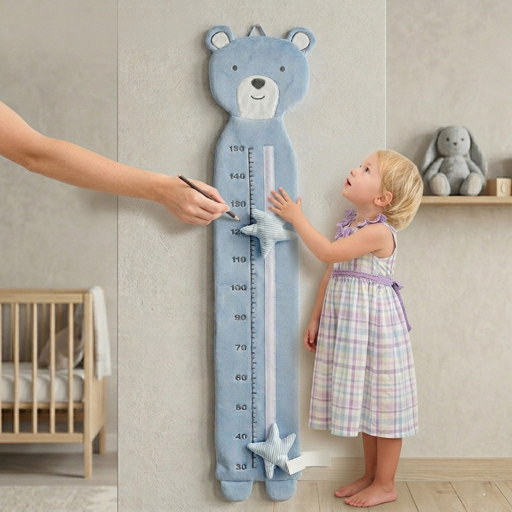 Interactive plush animal height chart produced for international private label baby nursery brands