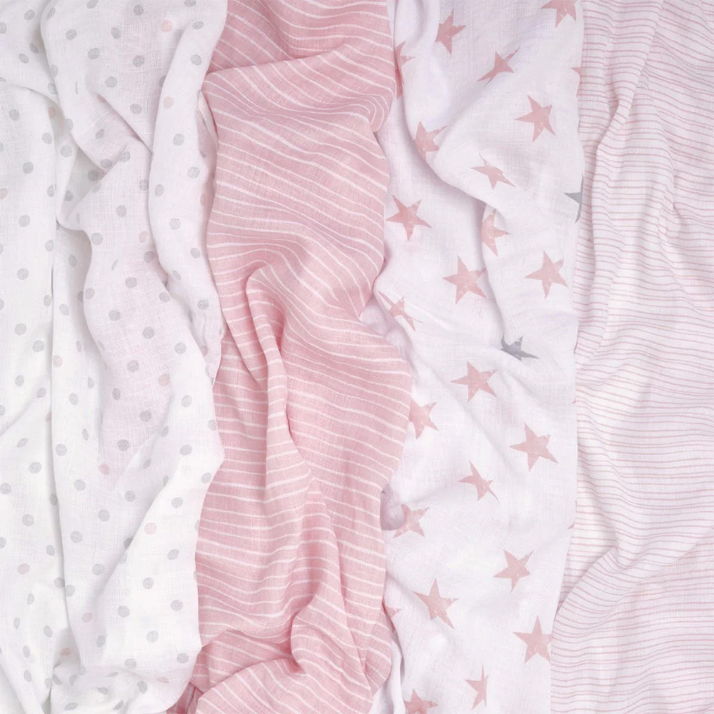 4-pack cotton muslin swaddle set in assorted pink patterns for bulk OEM orders by baby textile manufacturer