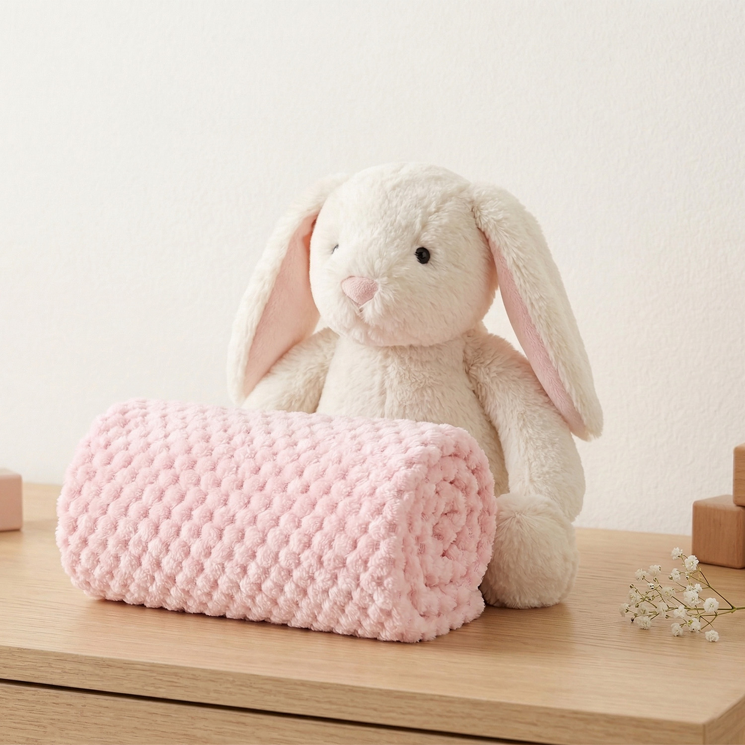 Custom Bunny Plush and Pineapple-Grid Fleece Blanket Set - OEM Baby Gift Manufacturer