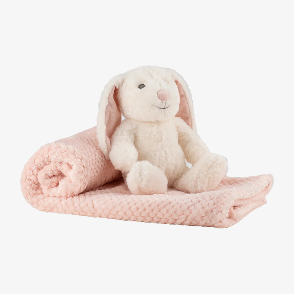 Plush Bunny Toy and Rolled Fleece Blanket Baby Set for Private Label