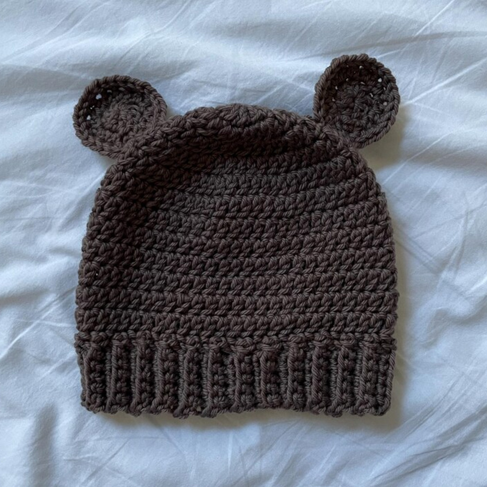 Dark Brown Knitted Baby Beanie with Bear Ear Detail for Custom Orders