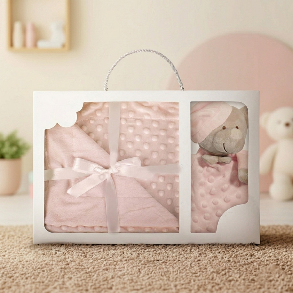 Bespoke minky dot baby blanket and soothing towel gift set with custom window box packaging by OEM manufacturer