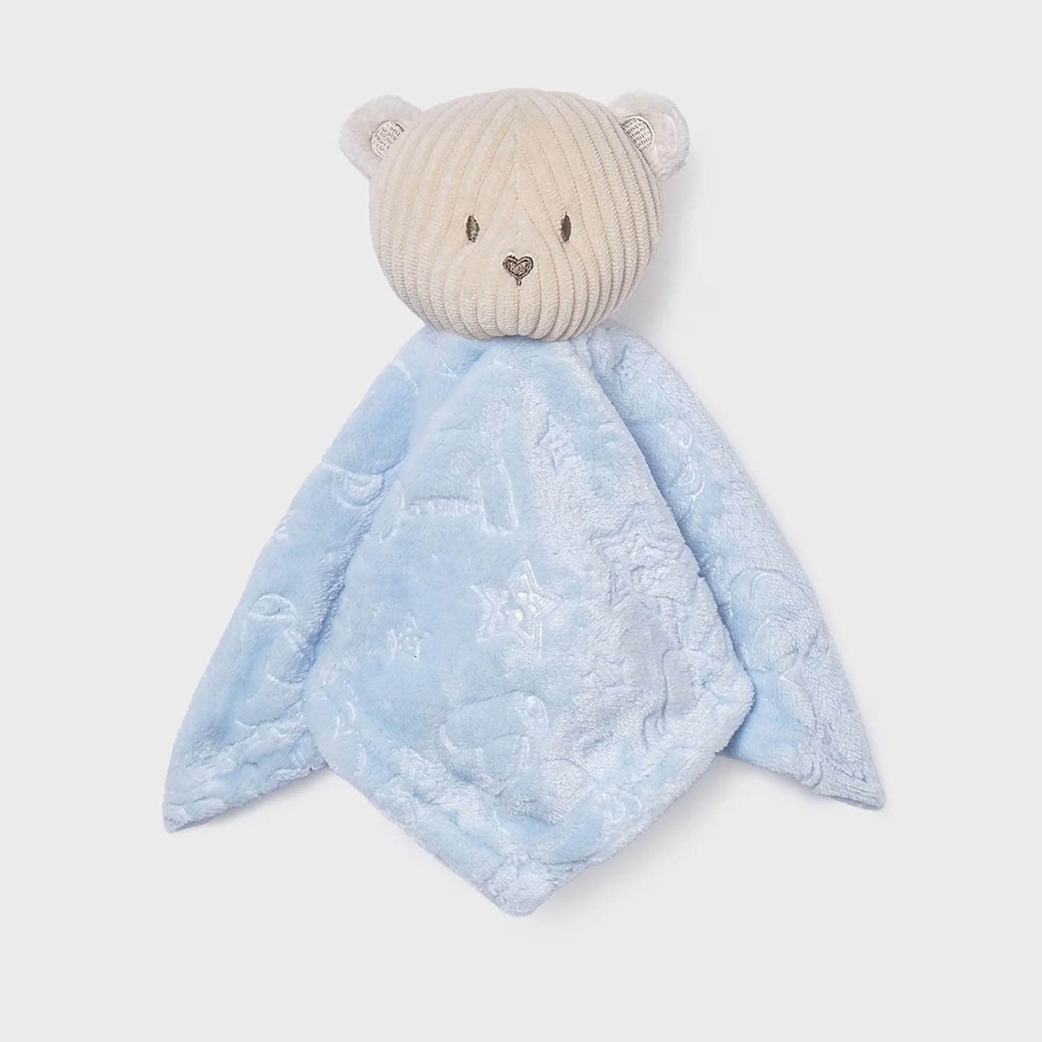 Blue embossed flannel bear security blanket for bulk OEM orders by baby textile manufacturer