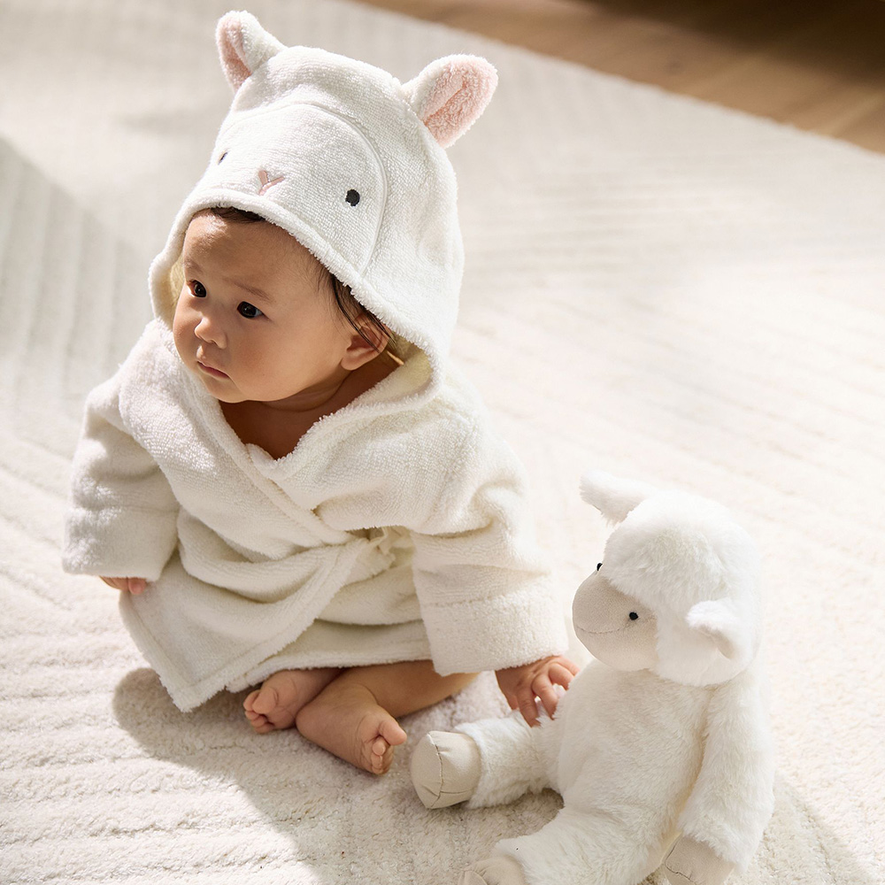 Soft Fleece Baby Hooded Bathrobe with Lamb Ears Design