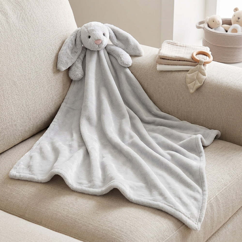 Luxury plush bunny toy and faux fur blanket gift set for bulk OEM orders by baby textile manufacturer