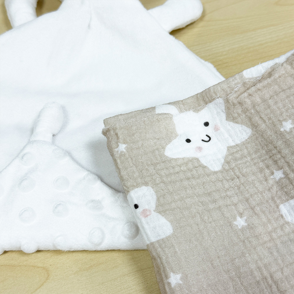 Minky Lovey and Printed Muslin Swaddle Fabric Detail - Private Label Baby Textile