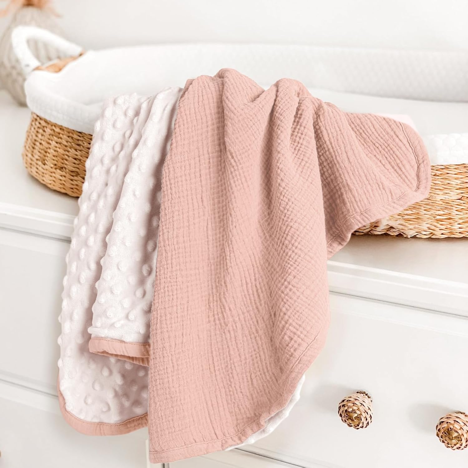 Premium reversible baby blanket with pink muslin and white minky dot fabric for wholesale