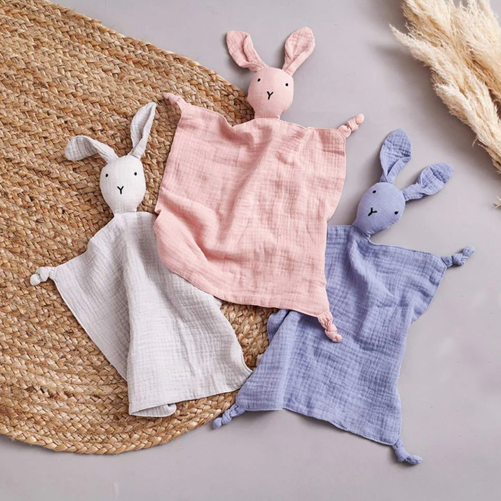Assorted printed muslin bunny loveys for premium ODM projects and private label infant brands