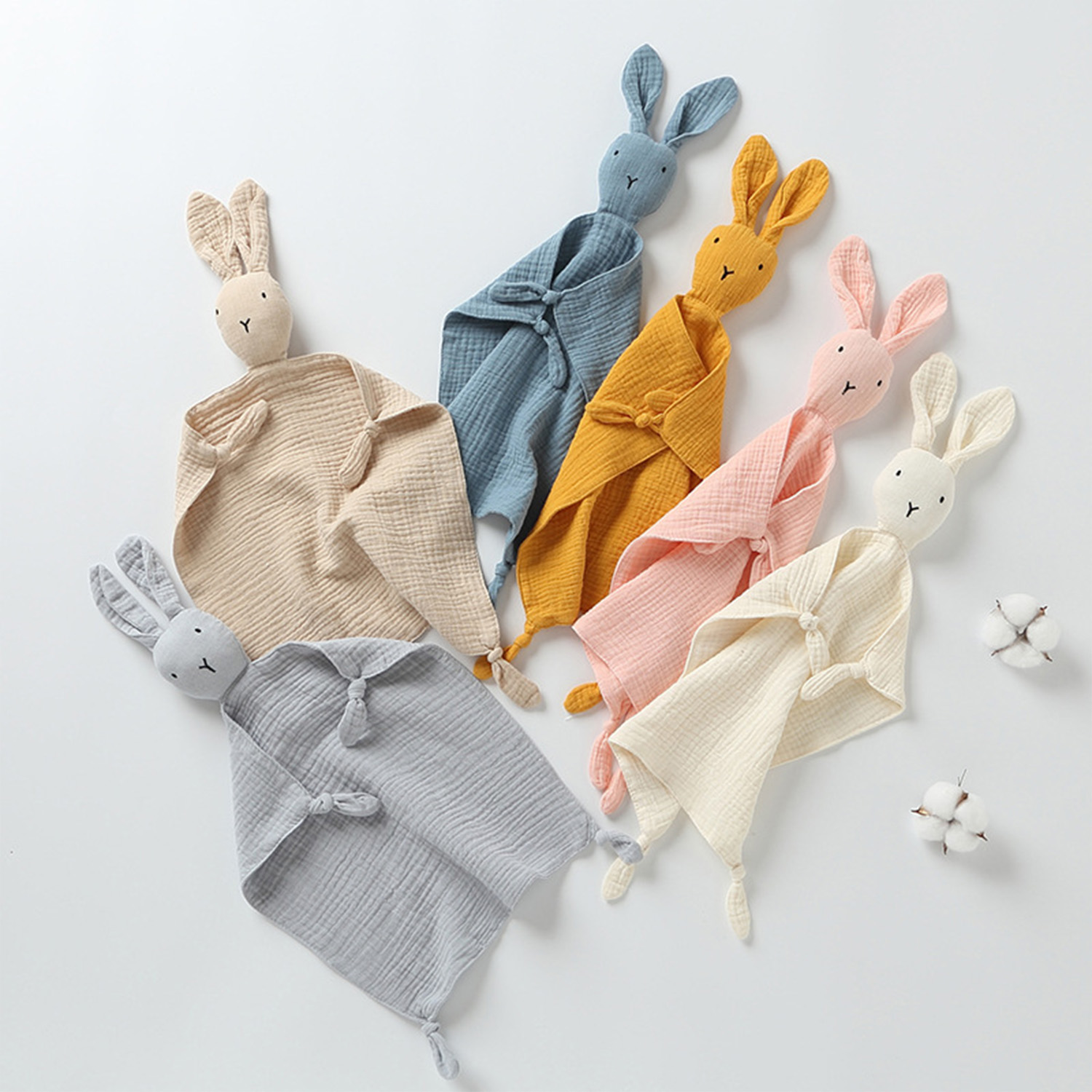 Organic muslin cotton bunny security blanket collection for bulk OEM orders by baby textile manufacturer