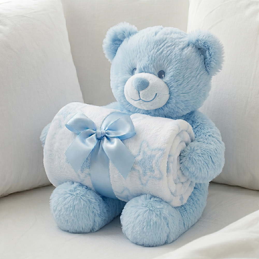 Plush Bear Holding Printed Coral Fleece Blanket for Baby Gift Sets