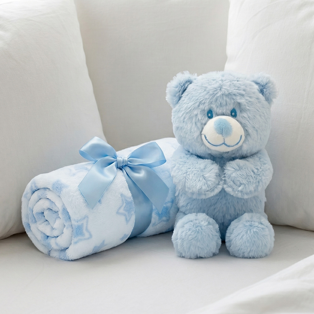 Blue Bear Plush Toy and Star Print Fleece Blanket for Wholesale