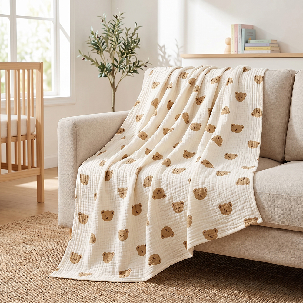 Soft organic-grade cotton muslin wrap produced for international private label bedding brands
