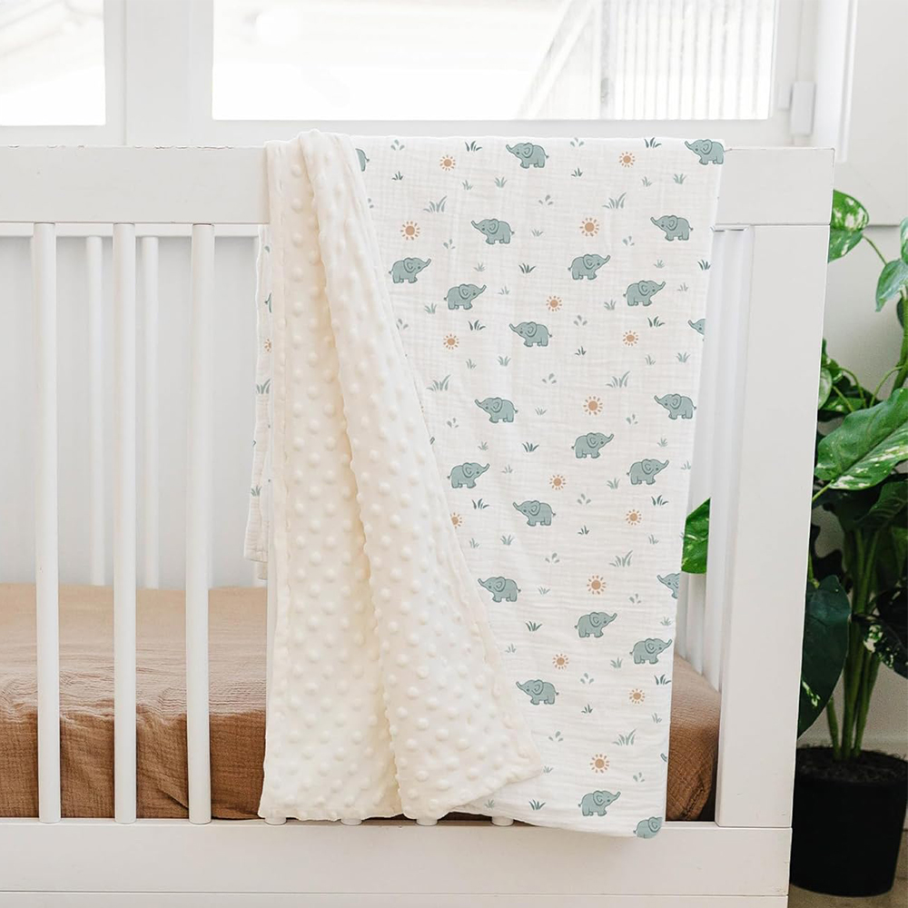 Printed muslin and minky dot reversible baby blanket for OEM manufacturing
