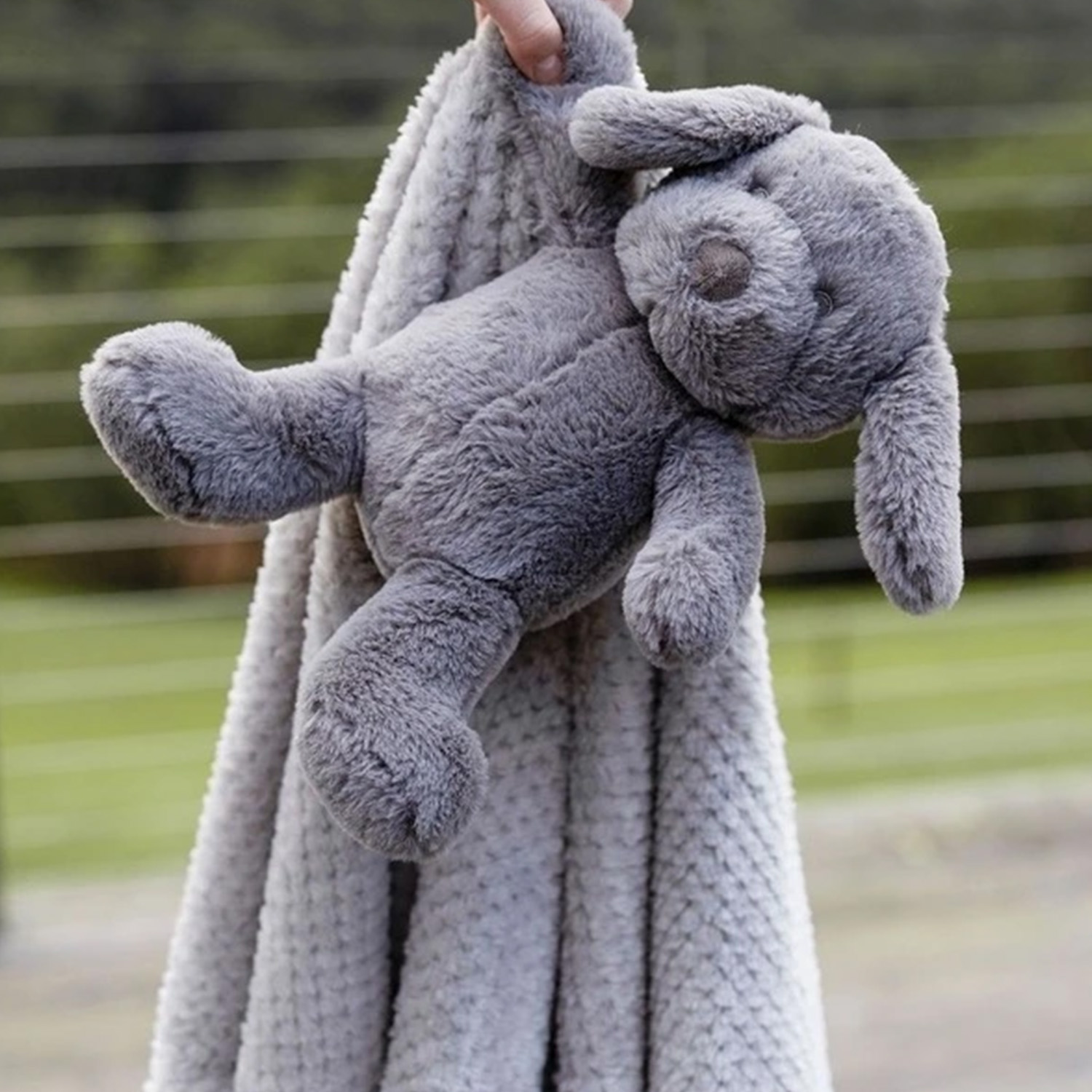 Grey Puppy Plush Toy with Textured Fleece Blanket for Wholesale