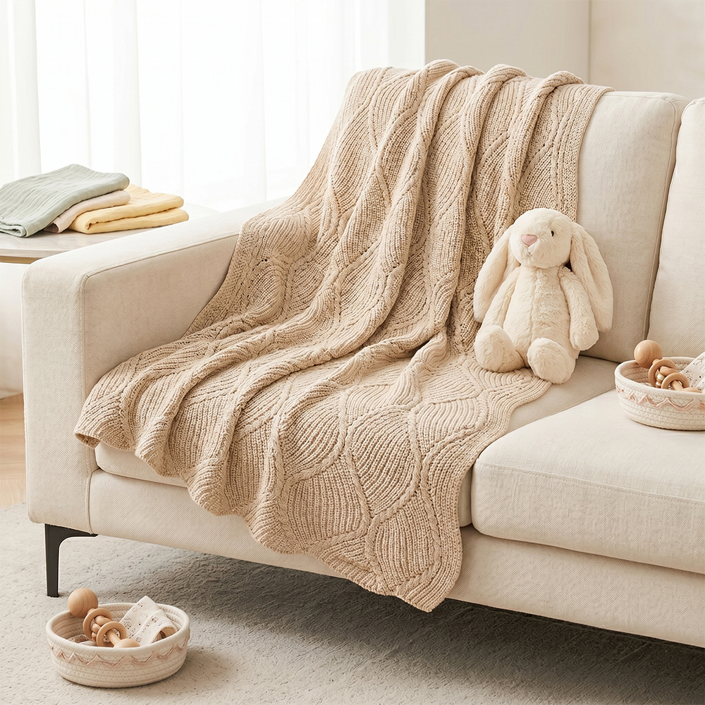 Wave pattern cotton knitted baby blanket for bulk OEM orders by baby textile  manufacturer